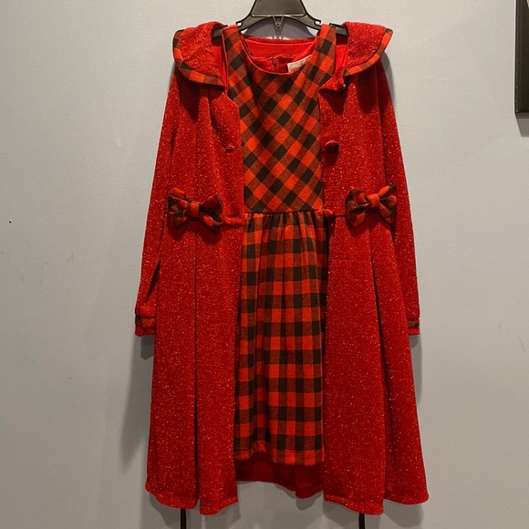 Big Girls Knit Coat with Buffalo Check Dress Set - Picture 3 of 7